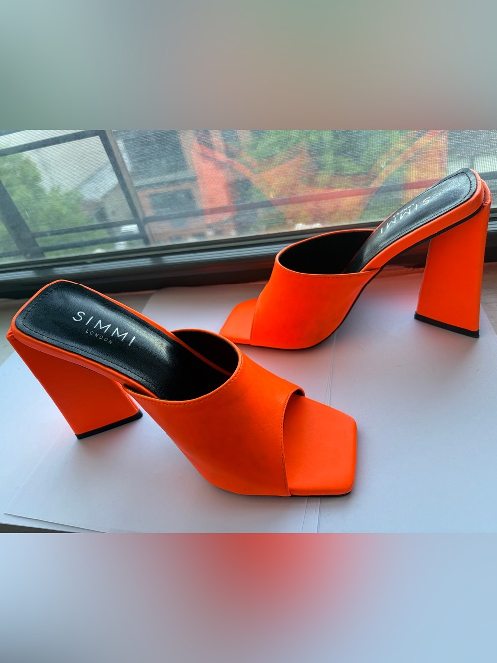 Simmi London Neon Orange Square-Toe Block Heeled Mule Sandals